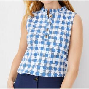 Ann Taylor Plaid Ruffle Neck Button Shell Top White Blue Checkered Sz M